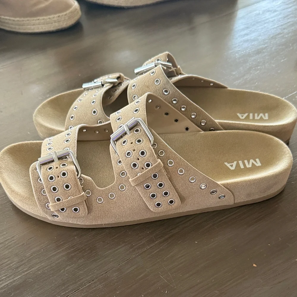 MIA Taupe Double-Buckle Studded Slide Sandals 10 - Picture 6 of 6
